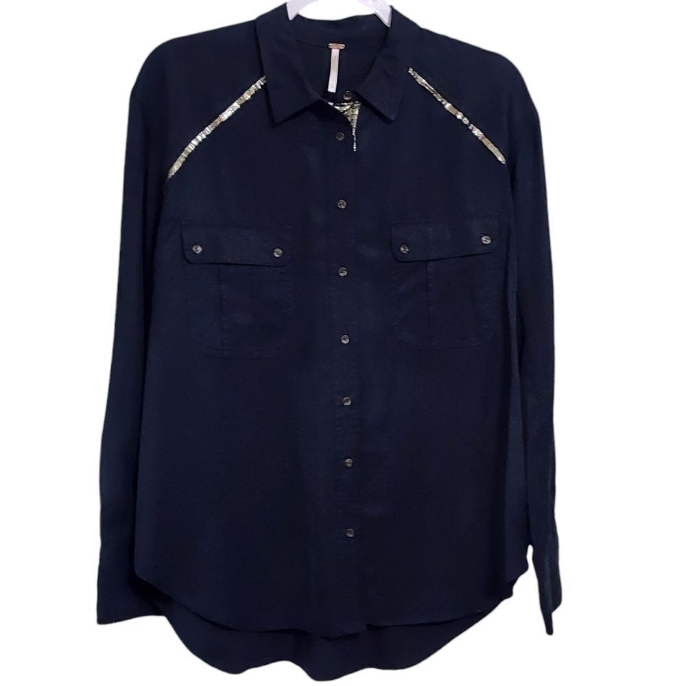 Free People Off Campus top M navy & gold Sequin button up dressy